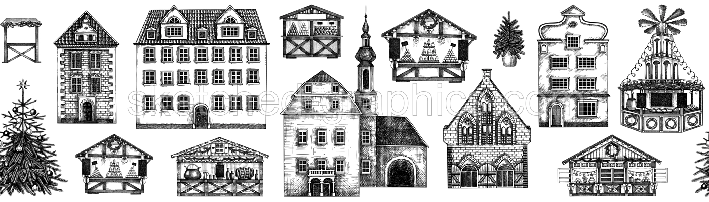 Christmas background. Architecture seamless pattern. Christmas fair border. Old building sketch, hand-drawn vector illustration. NOT AI generated Illustration
